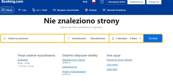 Komunikat błędu 404 booking.com