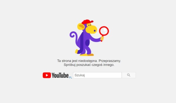 Komunikat błędu 404 Youtube